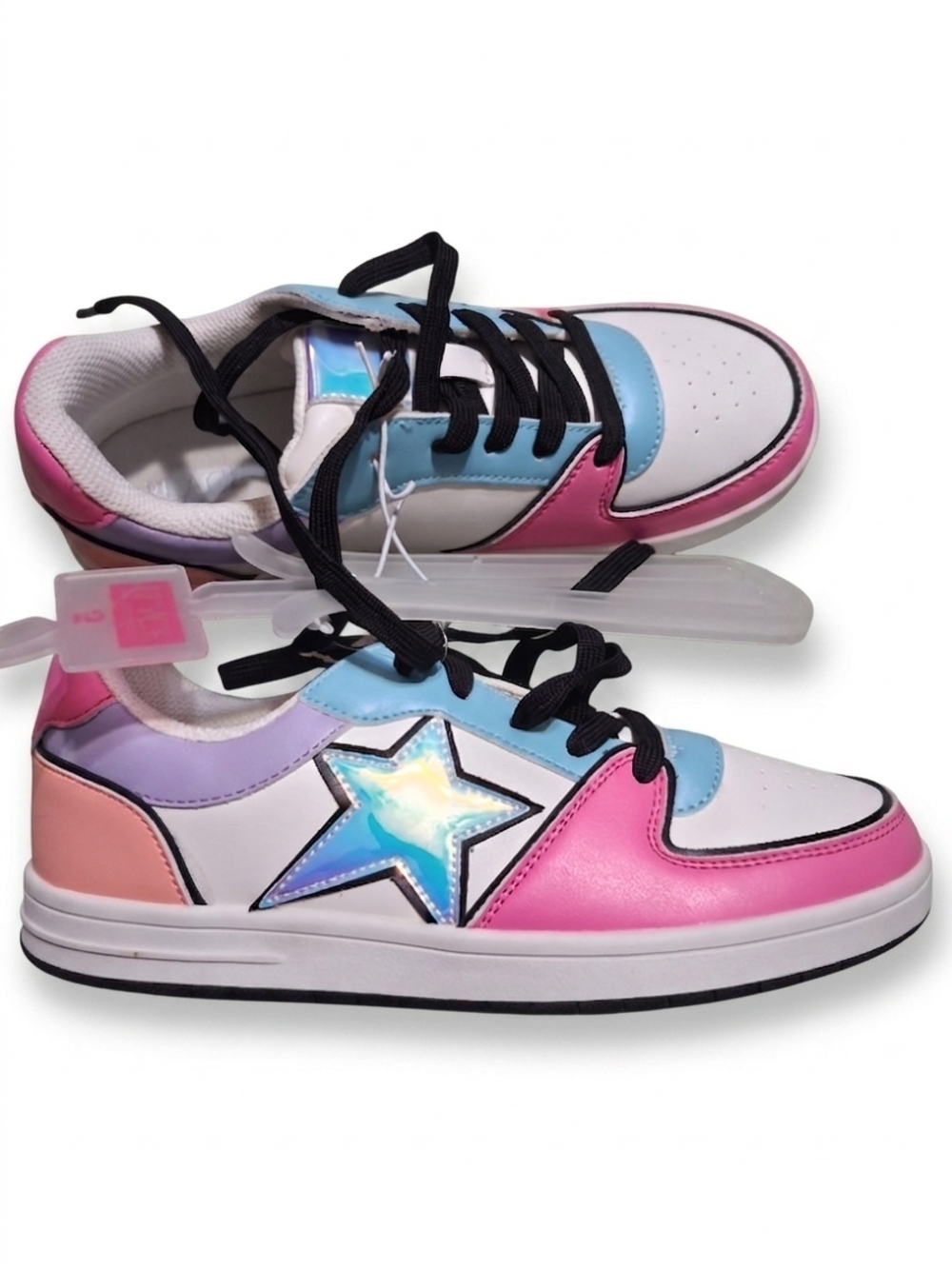 Kids Holographic Star Lace-Up Sneakers - Pink, Blue & White